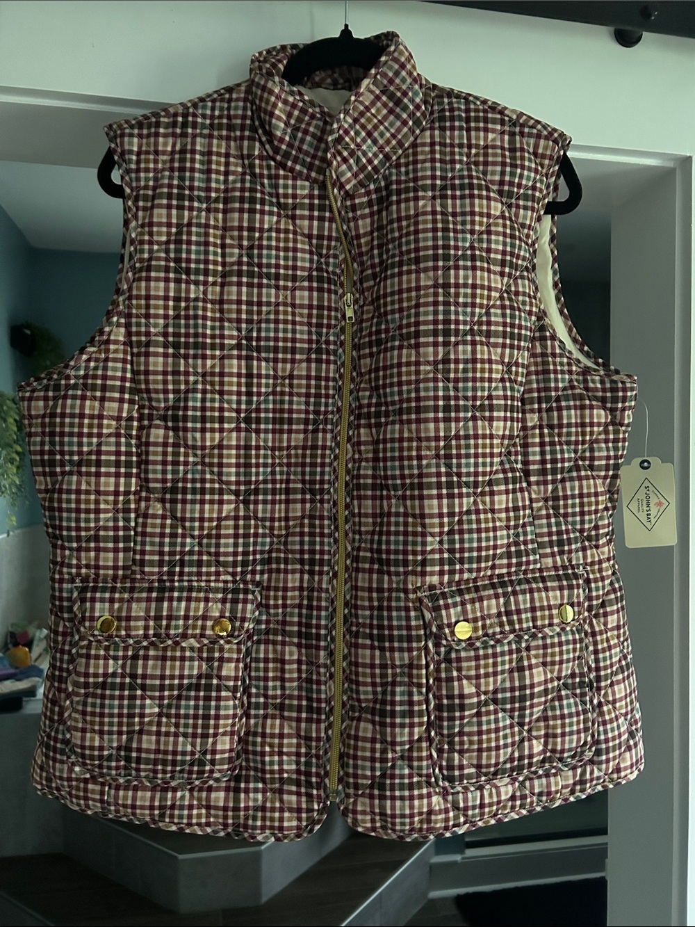 St. John's Bay Quilted Plaid Vest in Burgundy and Beige